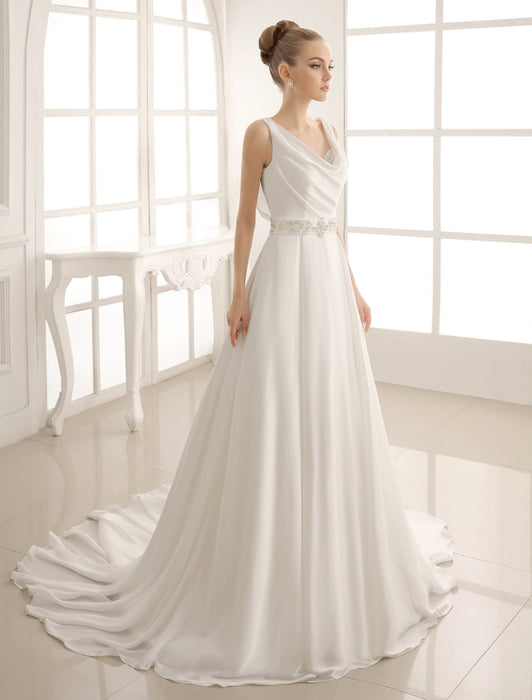Turndown Collar Brides Wedding Dress With Pleated Satin misshow