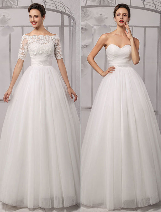 Tull Off-The-Shoulder Ball Gown Wedding With A Lace Wrap misshow
