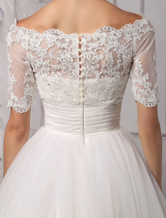 Tull Off-The-Shoulder Ball Gown Wedding With A Lace Wrap misshow