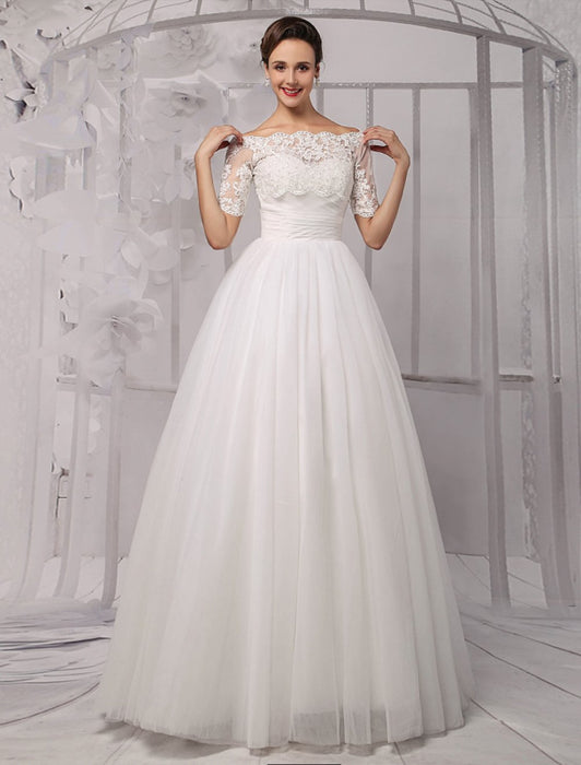 Tull Off-The-Shoulder Ball Gown Wedding With A Lace Wrap misshow