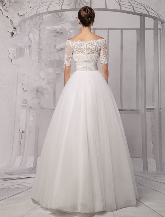 Tull Off-The-Shoulder Ball Gown Wedding With A Lace Wrap misshow