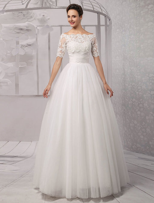 Tull Off-The-Shoulder Ball Gown Wedding With A Lace Wrap misshow
