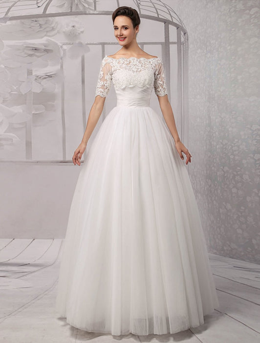 Tull Off-The-Shoulder Ball Gown Wedding With A Lace Wrap misshow