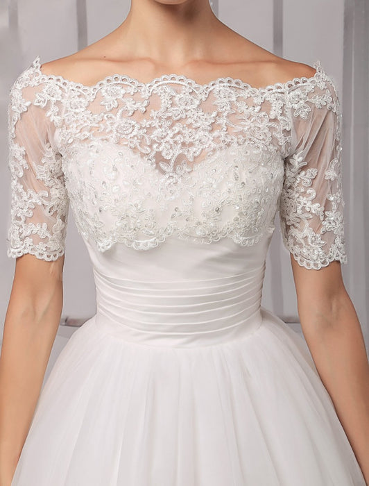 Tull Off-The-Shoulder Ball Gown Wedding With A Lace Wrap misshow
