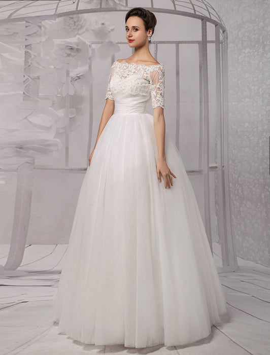 Tull Off-The-Shoulder Ball Gown Wedding With A Lace Wrap misshow