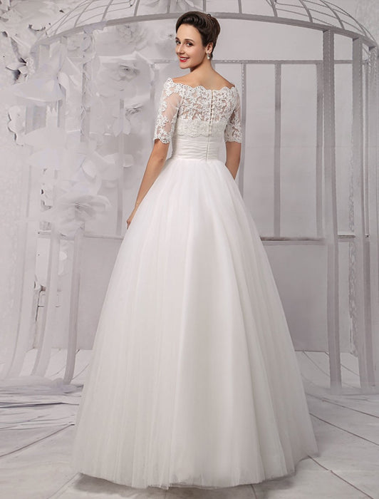 Tull Off-The-Shoulder Ball Gown Wedding With A Lace Wrap misshow