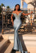 Woman in a light blue evening gown with intricate detailing standing on steps.
