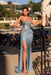 Exquisite Dusty Blue Satin Beading Mermaid Evening Dresses with Spaghetti Straps