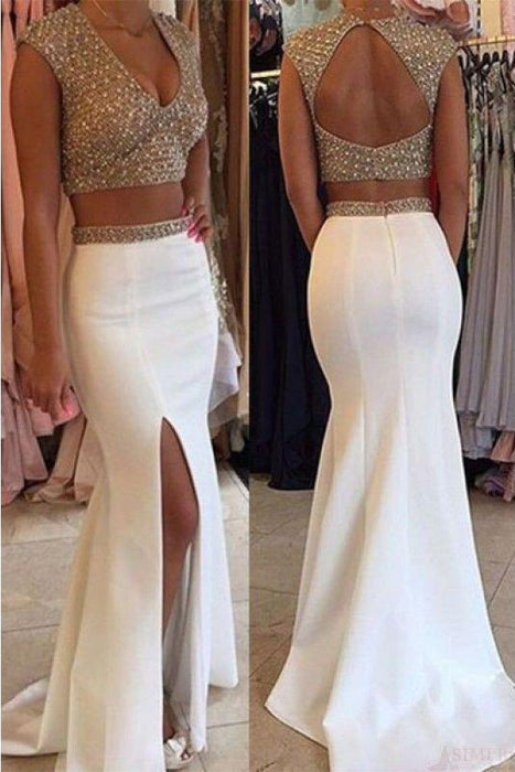 Exquisite Excellent Amazing White Two Piece V Neck Mermaid Split Beading Prom Open Back Formal Dresses - Prom Dresses