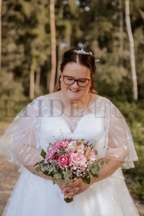 Exquisite Ivory Wedding Dress Aline Plus Size Tulle Lace Bridal Gown with Sleeves - Wedding Dresses