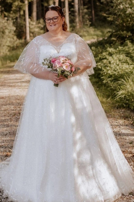 Exquisite Ivory Wedding Dress Aline Plus Size Tulle Lace Bridal Gown with Sleeves - Wedding Dresses