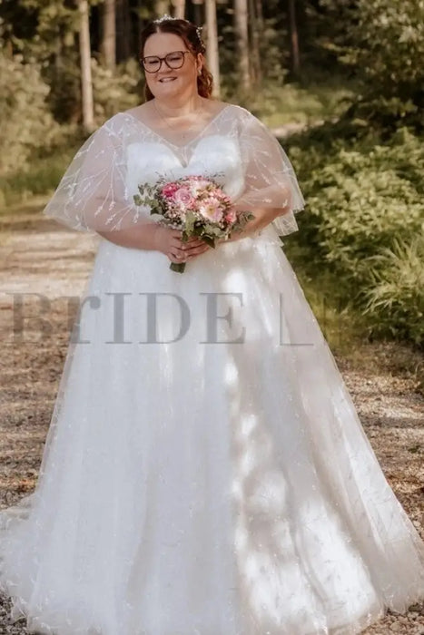 Exquisite Ivory Wedding Dress Aline Plus Size Tulle Lace Bridal Gown with Sleeves - Wedding Dresses