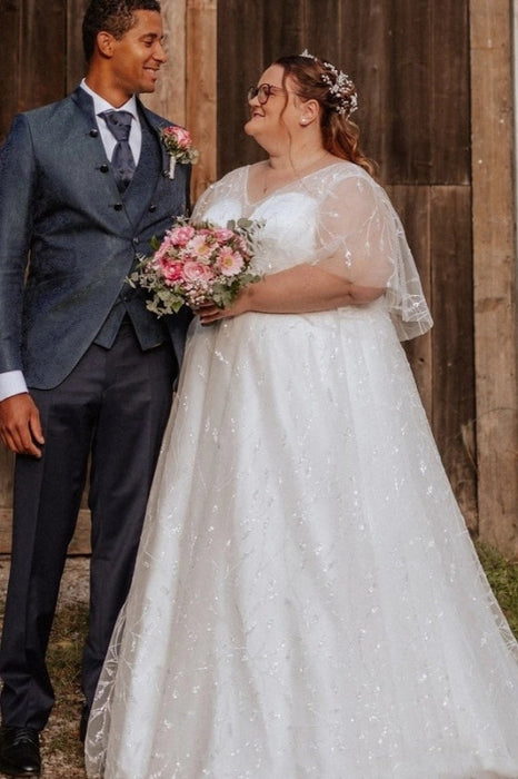 Exquisite Ivory Wedding Dress Aline Plus Size Tulle Lace Bridal Gown with Sleeves - Wedding Dresses