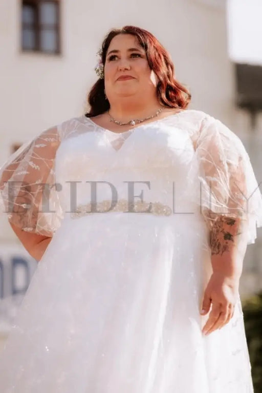 Exquisite Ivory Wedding Dress Aline Plus Size Tulle Lace Bridal Gown with Sleeves - Wedding Dresses