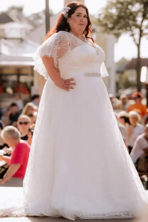 Exquisite Ivory Wedding Dress Aline Plus Size Tulle Lace Bridal Gown with Sleeves - Wedding Dresses