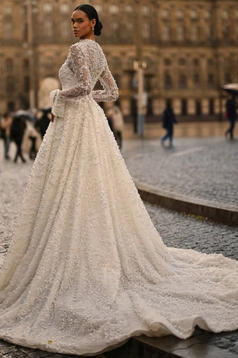 Exquisite Long Sleeves Tulle Aline Wedding Dress V-neck with Pearls