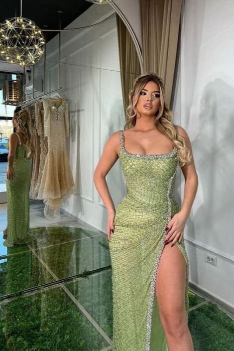 Exquisite Sage Satin Beading High Split Mermaid Prom Dresses with Spaghetti Straps