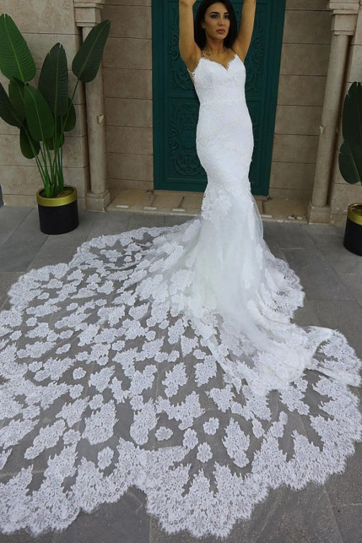 Exquisite Spaghetti Straps Mermaid Floral Wedding Dress with Train - wedding dress