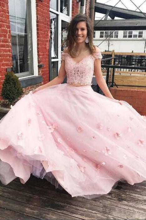 Eye-catching Amazing Two Piece Floor Length Tulle Prom Lace Long Off the Shoulder Dress with Flower - Prom Dresses