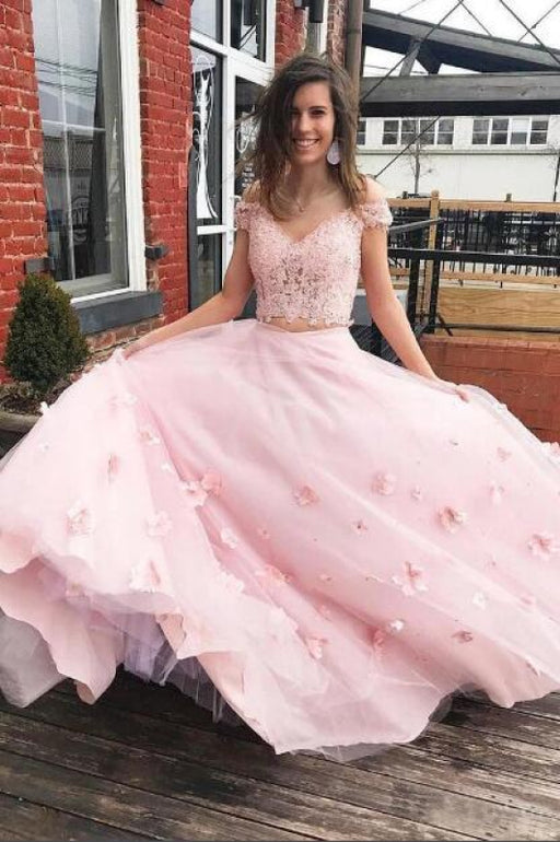 Eye-catching Amazing Two Piece Floor Length Tulle Prom Lace Long Off the Shoulder Dress with Flower - Prom Dresses