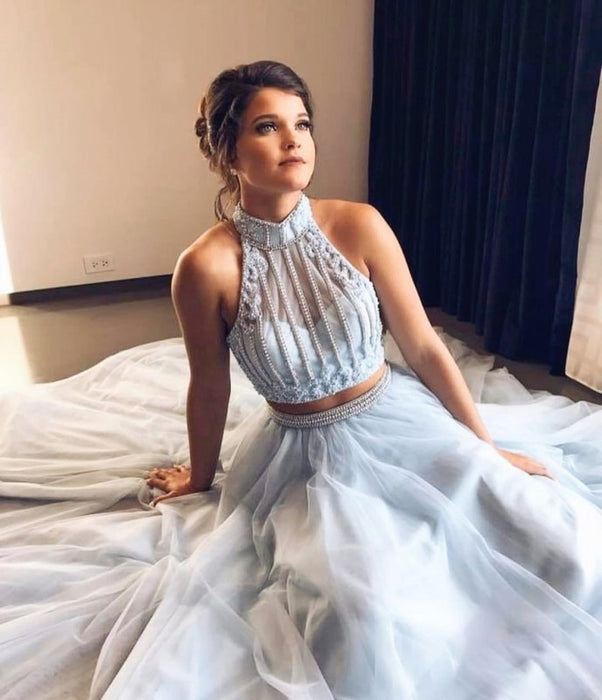 Eye-catching Fascinating Two Piece Beaded High Neck Light Sky Blue Tulle Sleeveless Long Formal Dress - Prom Dresses