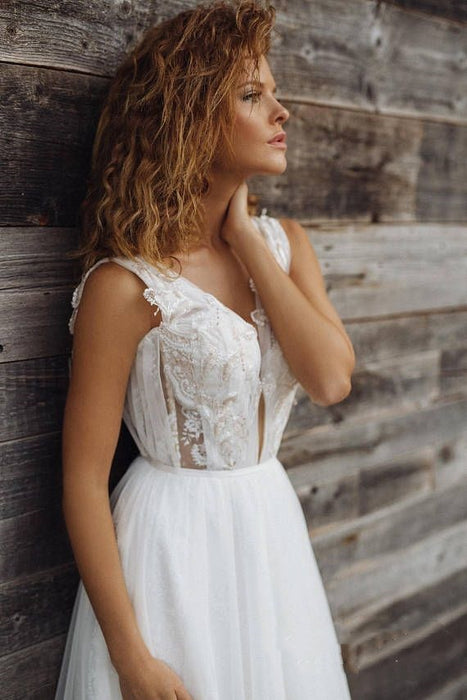 Romantic Straps Tulle A-line Wedding Dress with Appliques