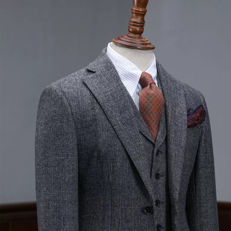 Fancy Dark Gray Plaid Three Pieces Business Suits Notched Lapel Men Su ...