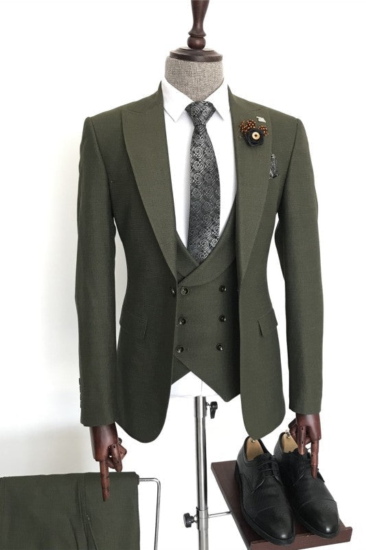 Dudley Chic Three Piece Business Suit - Dark Green Peaked Lapel