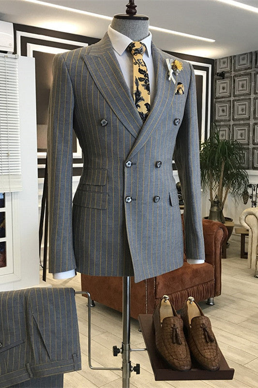 Coffee Double Breasted Peaked Lapel Striped Business Suit main image 0