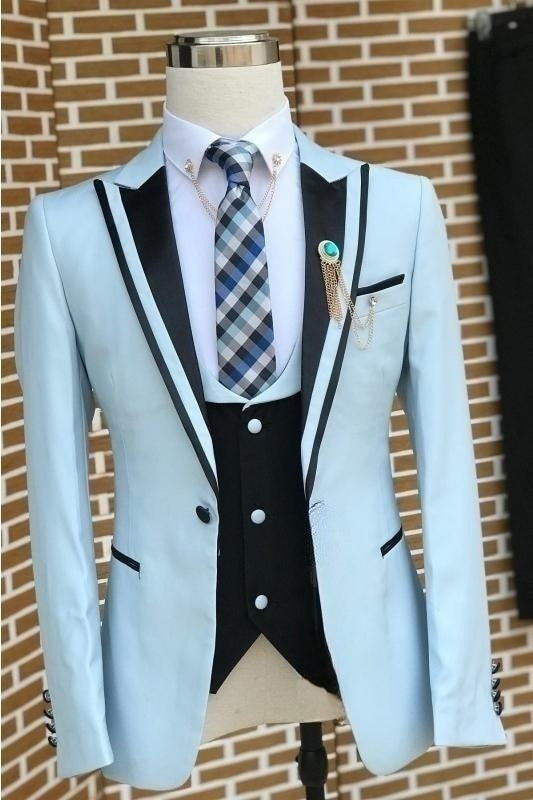 Fancy Light Blue Slim Fit Three Pieces Prom Suits With Black Lapel ...