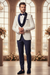 White Three Pieces Jacquard Wedding Suits With Navy Blue Shawl Lapel