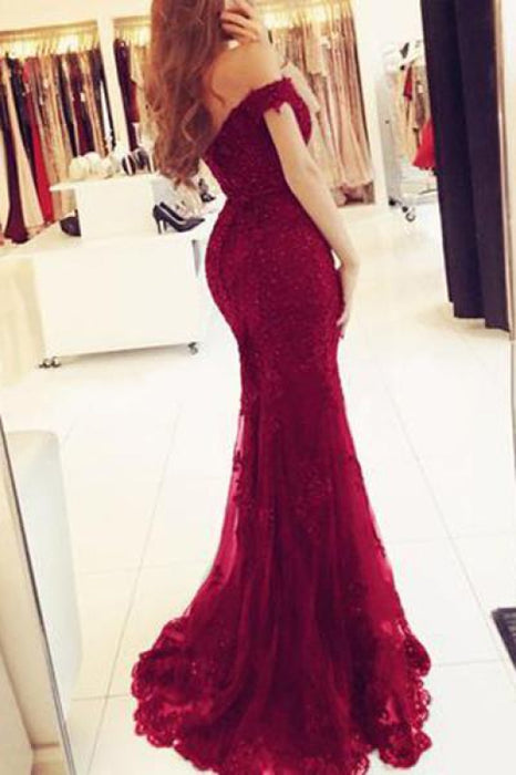 Fascinating Elegant Graceful Elegant Burgundy Mermaid Off the Shoulder Beaded Lace Appliques Evening Dresses - Prom Dresses