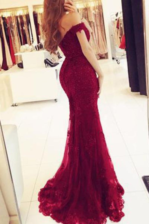 Fascinating Elegant Graceful Elegant Burgundy Mermaid Off the Shoulder Beaded Lace Appliques Evening Dresses - Prom Dresses