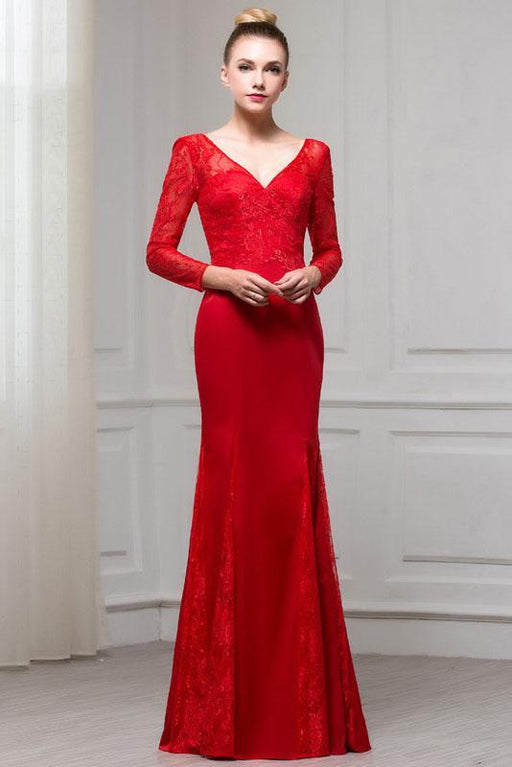 Fascinating Excellent Red Long Sleeves V Neck Mermaid Floor Length Evening Dress with Lace - Prom Dresses