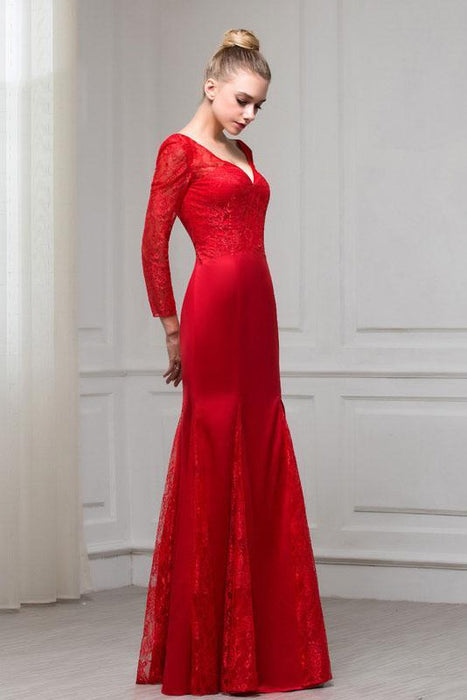 Fascinating Excellent Red Long Sleeves V Neck Mermaid Floor Length Evening Dress with Lace - Prom Dresses