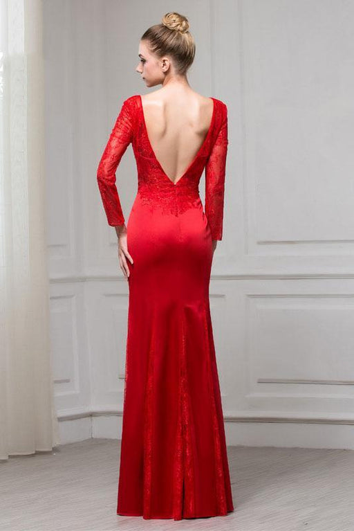Fascinating Excellent Red Long Sleeves V Neck Mermaid Floor Length Evening Dress with Lace - Prom Dresses
