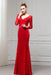 Fascinating Excellent Red Long Sleeves V Neck Mermaid Floor Length Evening Dress with Lace - Prom Dresses