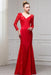 Fascinating Excellent Red Long Sleeves V Neck Mermaid Floor Length Evening Dress with Lace - Prom Dresses