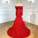 Fashion Red Sequin Prom Dress, Long Sleeves A-Line with Feather