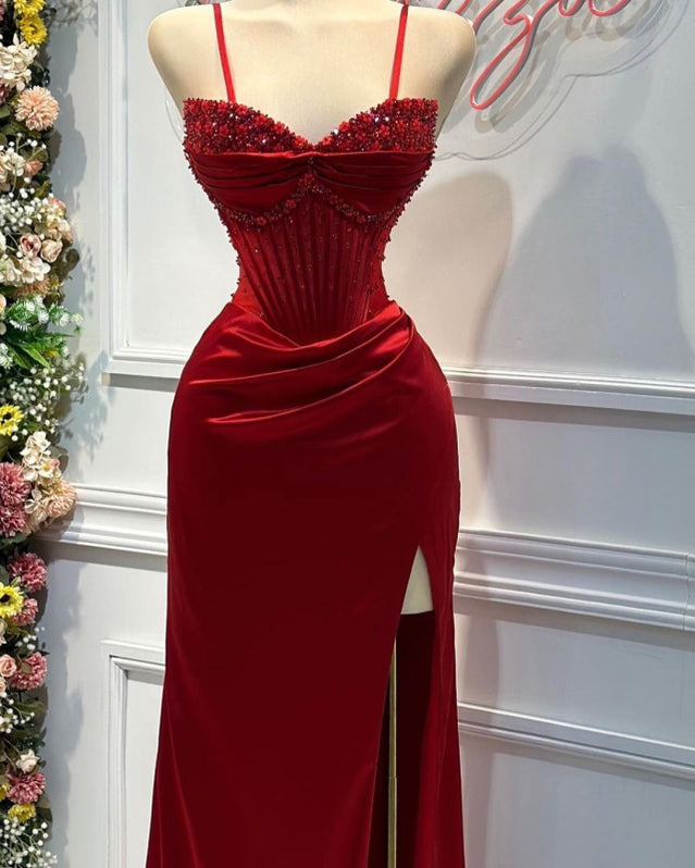 Modern Red Velvet Long Sleeves Prom Dresses with Split Long Mermaid
