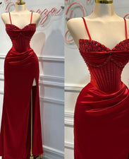 Beaded Mermaid Split Side Red Prom Dress with Spaghetti Strap SH756