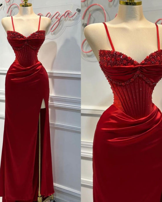 Fashion Red Spaghetti Strap Split Mermaid Prom Dress