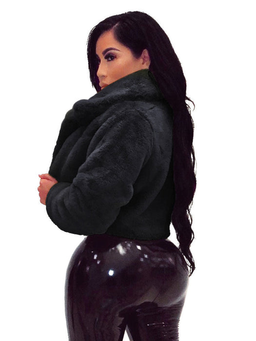Faux Fur Coats For Women Grey Turndown Collar Long Sleeves Oversized Stretch Winter Coat