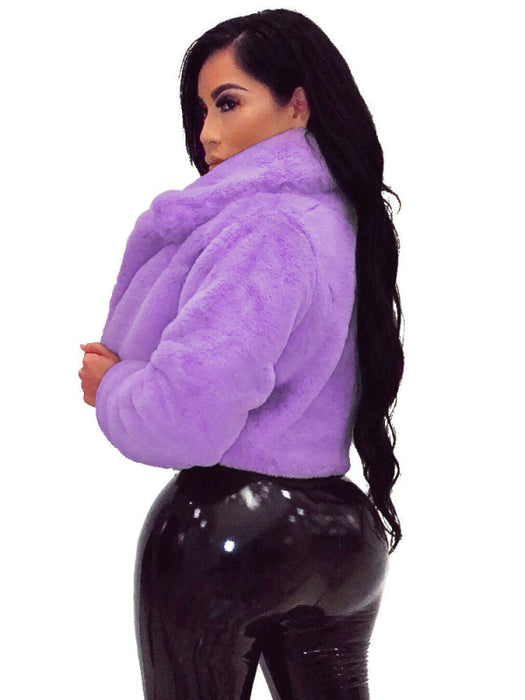 Faux Fur Coats For Women Grey Turndown Collar Long Sleeves Oversized Stretch Winter Coat