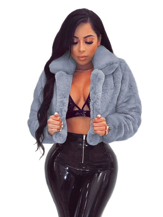 Faux Fur Coats For Women Grey Turndown Collar Long Sleeves Oversized Stretch Winter Coat