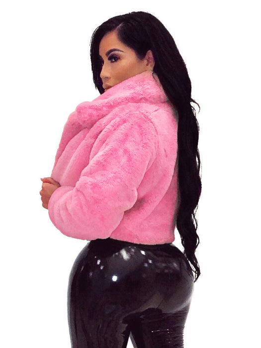 Faux Fur Coats For Women Grey Turndown Collar Long Sleeves Oversized Stretch Winter Coat
