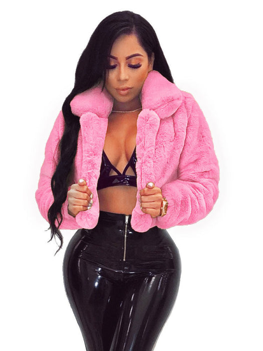 Faux Fur Coats For Women Grey Turndown Collar Long Sleeves Oversized Stretch Winter Coat