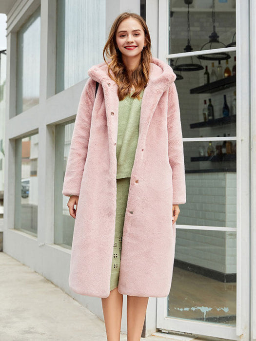 Faux Fur Coats For Women Long Sleeves Casual Stretch Turndown Collar Orange Yellow Long Coat