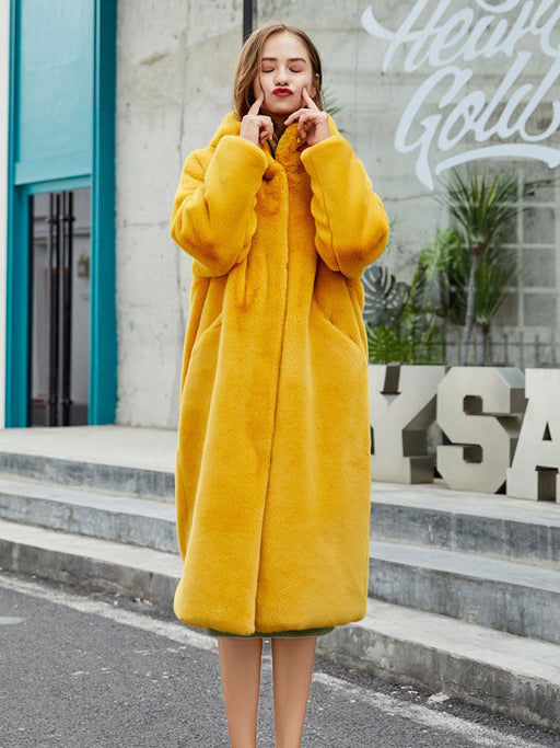 Faux Fur Coats For Women Long Sleeves Casual Stretch Turndown Collar Orange Yellow Long Coat