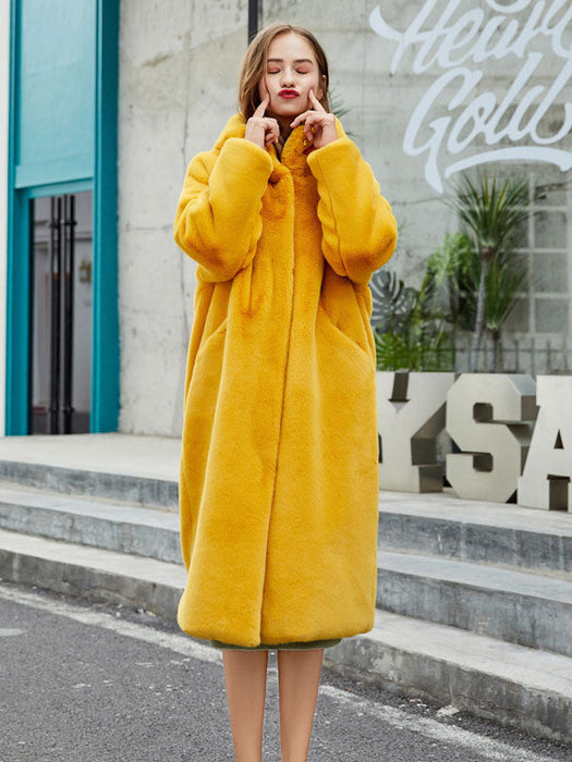 Faux Fur Coats For Women Long Sleeves Casual Stretch Turndown Collar Orange Yellow Long Coat